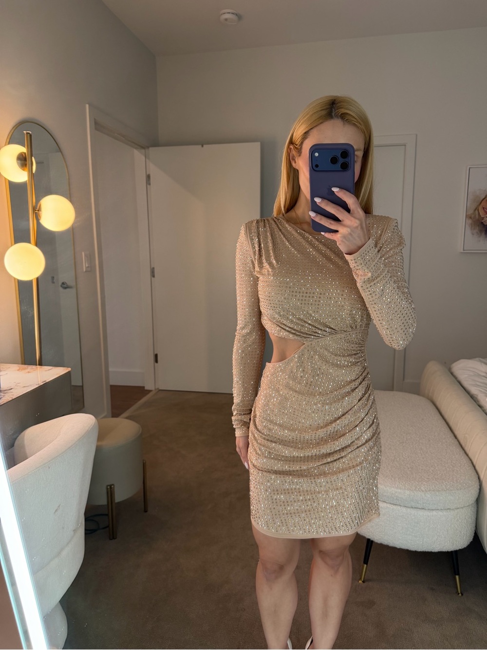 Self-Portrait Champagne Beaded Long-Sleeve Mini Dress